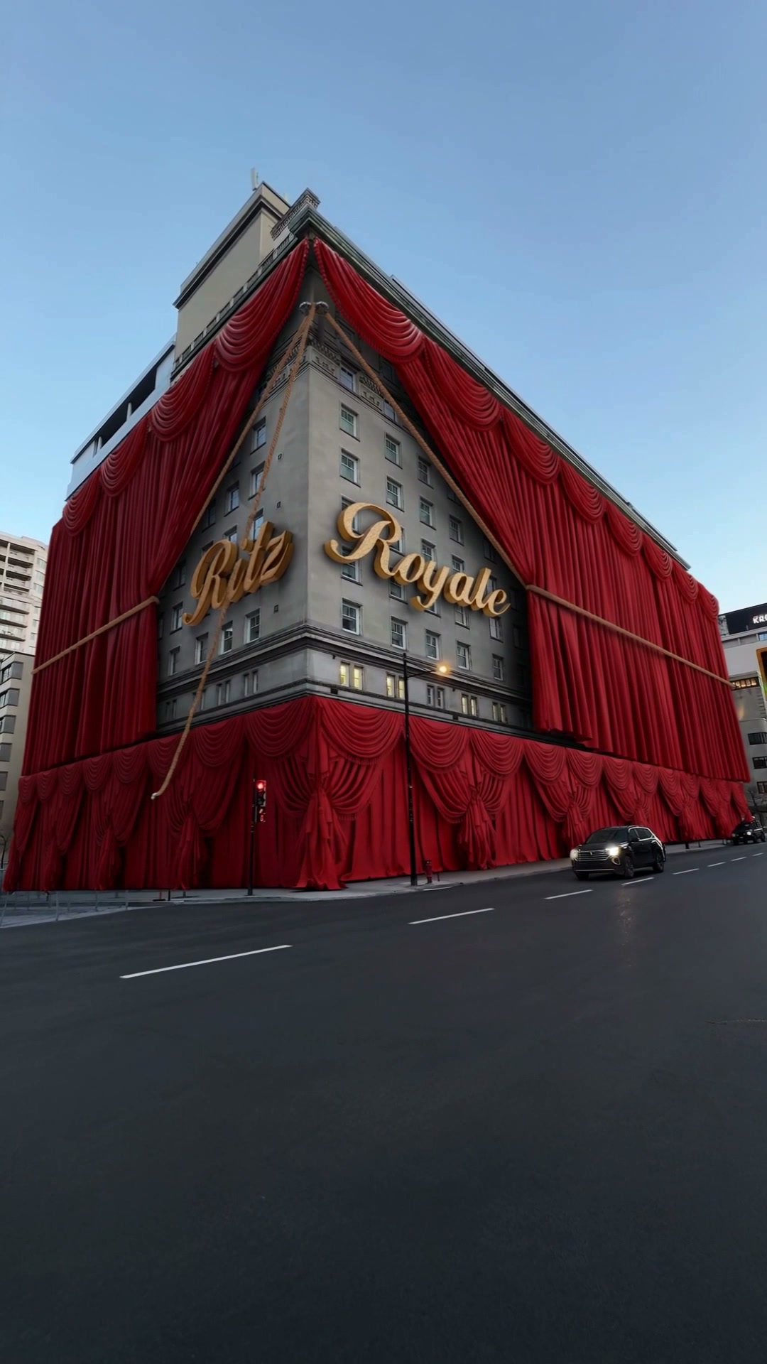 Formula 1 car passing the Ritz-Carlton Montréal wrapped in a red curtain