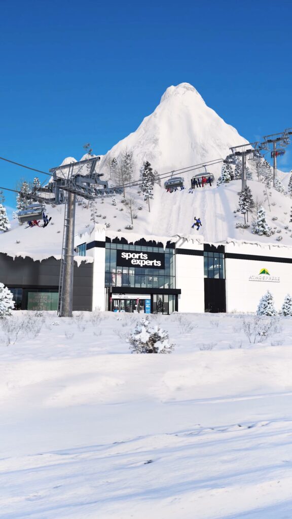 Sports Experts store at the foot of a CGI ski mountain